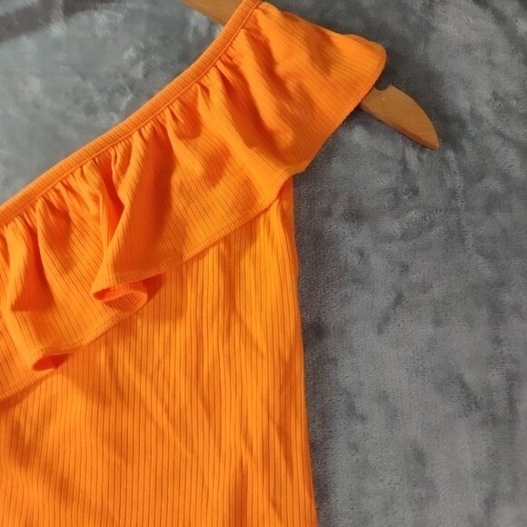 LOFT Women Ribbed One Shoulder Top XS Orange Ruffle Stretch Summer Resort Staple - Picture 3 of 8